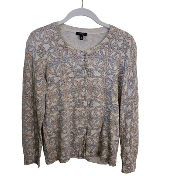 Talbots Neutral Floral Beige Gray Metallic Cardigan Sweater Size Mp - Picture 1 of 5